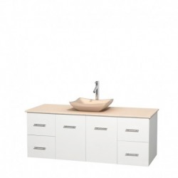 60 inch Single Bathroom Vanity in Matte White, Ivory Marble Countertop, Avalon Ivory Marble Sink, and No Mirror