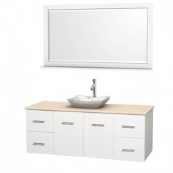 60 inch Single Bathroom Vanity in Matte White, Ivory Marble Countertop, Avalon White Carrera Marble Sink, and 58 inch Mirror
