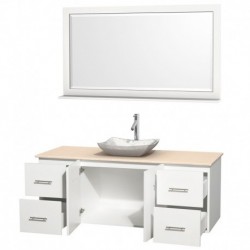 60 inch Single Bathroom Vanity in Matte White, Ivory Marble Countertop, Avalon White Carrera Marble Sink, and 58 inch Mirror