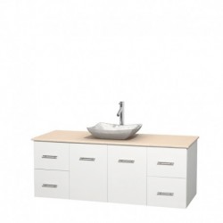 60 inch Single Bathroom Vanity in Matte White, Ivory Marble Countertop, Avalon White Carrera Marble Sink, and No Mirror