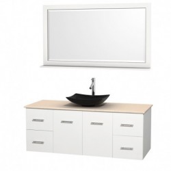 60 inch Single Bathroom Vanity in Matte White, Ivory Marble Countertop, Arista Black Granite Sink, and 58 inch Mirror