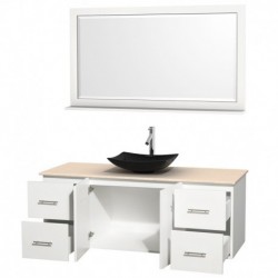 60 inch Single Bathroom Vanity in Matte White, Ivory Marble Countertop, Arista Black Granite Sink, and 58 inch Mirror