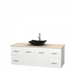 60 inch Single Bathroom Vanity in Matte White, Ivory Marble Countertop, Arista Black Granite Sink, and No Mirror