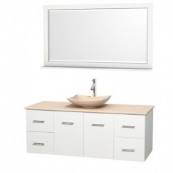 60 inch Single Bathroom Vanity in Matte White, Ivory Marble Countertop, Arista Ivory Marble Sink, and 58 inch Mirror