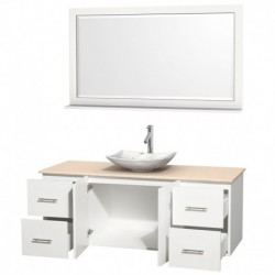 60 inch Single Bathroom Vanity in Matte White, Ivory Marble Countertop, Arista White Carrera Marble Sink, and 58 inch Mirror