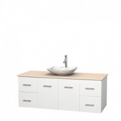60 inch Single Bathroom Vanity in Matte White, Ivory Marble Countertop, Arista White Carrera Marble Sink, and No Mirror