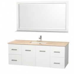 60 inch Single Bathroom Vanity in Matte White, Ivory Marble Countertop, Square Porcelain Undermount Sink, and 58 inch Mirror
