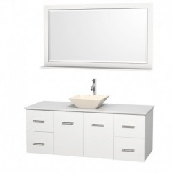 60 inch Single Bathroom Vanity in Matte White, White Man-Made Stone Countertop, Pyra Bone Porcelain Sink, and 58 inch Mirror