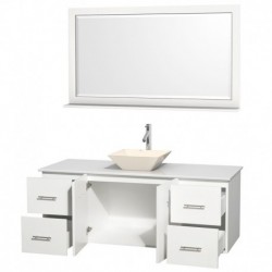 60 inch Single Bathroom Vanity in Matte White, White Man-Made Stone Countertop, Pyra Bone Porcelain Sink, and 58 inch Mirror
