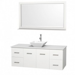 60 inch Single Bathroom Vanity in Matte White, White Man-Made Stone Countertop, Pyra White Porcelain Sink, and 58 inch Mirror