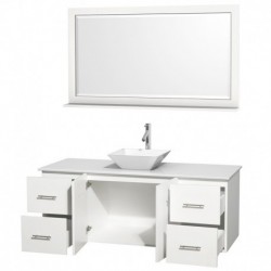 60 inch Single Bathroom Vanity in Matte White, White Man-Made Stone Countertop, Pyra White Porcelain Sink, and 58 inch Mirror