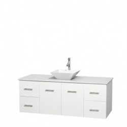 60 inch Single Bathroom Vanity in Matte White, White Man-Made Stone Countertop, Pyra White Porcelain Sink, and No Mirror