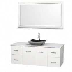 60 inch Single Bathroom Vanity in Matte White, White Man-Made Stone Countertop, Altair Black Granite Sink, and 58 inch Mirror