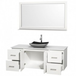 60 inch Single Bathroom Vanity in Matte White, White Man-Made Stone Countertop, Altair Black Granite Sink, and 58 inch Mirror