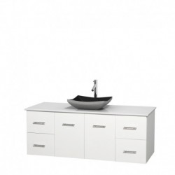 60 inch Single Bathroom Vanity in Matte White, White Man-Made Stone Countertop, Altair Black Granite Sink, and No Mirror