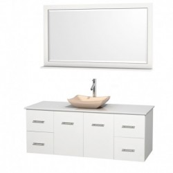 60 inch Single Bathroom Vanity in Matte White, White Man-Made Stone Countertop, Avalon Ivory Marble Sink, and 58 inch Mirror