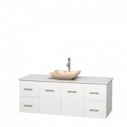 60 inch Single Bathroom Vanity in Matte White, White Man-Made Stone Countertop, Avalon Ivory Marble Sink, and No Mirror