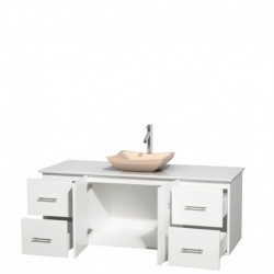 60 inch Single Bathroom Vanity in Matte White, White Man-Made Stone Countertop, Avalon Ivory Marble Sink, and No Mirror