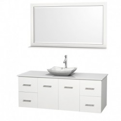 60 inch Single Bathroom Vanity in Matte White, White Man-Made Stone Countertop, Avalon White Carrera Marble Sink, and 58 inch M