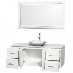 60 inch Single Bathroom Vanity in Matte White, White Man-Made Stone Countertop, Avalon White Carrera Marble Sink, and 58 inch M