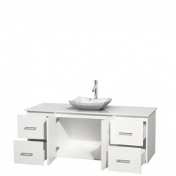60 inch Single Bathroom Vanity in Matte White, White Man-Made Stone Countertop, Avalon White Carrera Marble Sink, and No Mirror