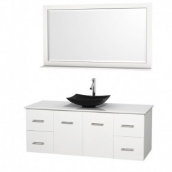 60 inch Single Bathroom Vanity in Matte White, White Man-Made Stone Countertop, Arista Black Granite Sink, and 58 inch Mirror