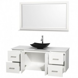 60 inch Single Bathroom Vanity in Matte White, White Man-Made Stone Countertop, Arista Black Granite Sink, and 58 inch Mirror