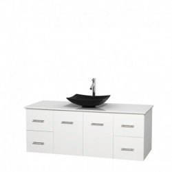 60 inch Single Bathroom Vanity in Matte White, White Man-Made Stone Countertop, Arista Black Granite Sink, and No Mirror