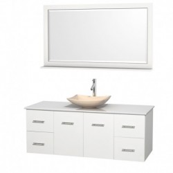 60 inch Single Bathroom Vanity in Matte White, White Man-Made Stone Countertop, Arista Ivory Marble Sink, and 58 inch Mirror
