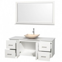60 inch Single Bathroom Vanity in Matte White, White Man-Made Stone Countertop, Arista Ivory Marble Sink, and 58 inch Mirror