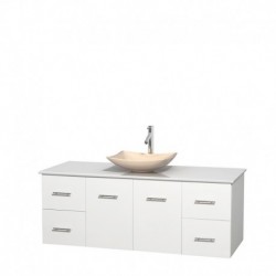 60 inch Single Bathroom Vanity in Matte White, White Man-Made Stone Countertop, Arista Ivory Marble Sink, and No Mirror