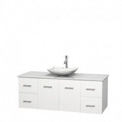 60 inch Single Bathroom Vanity in Matte White, White Man-Made Stone Countertop, Arista White Carrera Marble Sink, and No Mirror