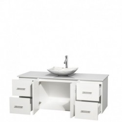 60 inch Single Bathroom Vanity in Matte White, White Man-Made Stone Countertop, Arista White Carrera Marble Sink, and No Mirror