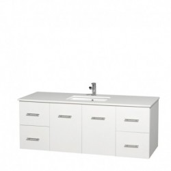60 inch Single Bathroom Vanity in Matte White, White Man-Made Stone Countertop, Undermount Square Sink, and No Mirror