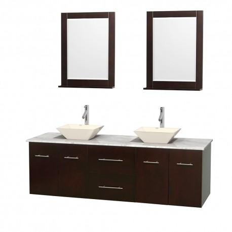72 inch Double Bathroom Vanity in Espresso, White Carrera Marble Countertop, Pyra Bone Porcelain Sinks, and 24 inch Mirrors