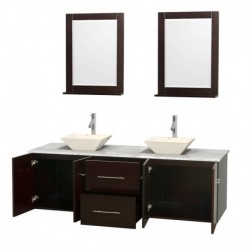 72 inch Double Bathroom Vanity in Espresso, White Carrera Marble Countertop, Pyra Bone Porcelain Sinks, and 24 inch Mirrors