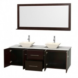 72 inch Double Bathroom Vanity in Espresso, White Carrera Marble Countertop, Pyra Bone Porcelain Sinks, and 70 inch Mirror