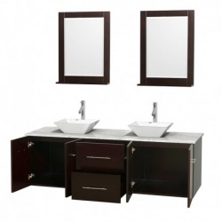 72 inch Double Bathroom Vanity in Espresso, White Carrera Marble Countertop, Pyra White Porcelain Sinks, and 24 inch Mirrors