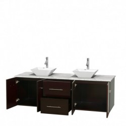 72 inch Double Bathroom Vanity in Espresso, White Carrera Marble Countertop, Pyra White Porcelain Sinks, and No Mirror