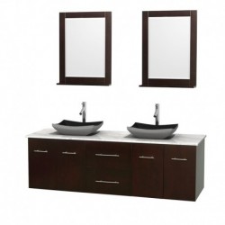 72 inch Double Bathroom Vanity in Espresso, White Carrera Marble Countertop, Altair Black Granite Sinks, and 24 inch Mirrors