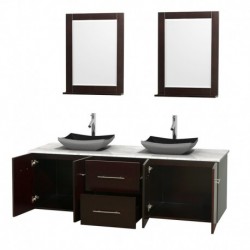 72 inch Double Bathroom Vanity in Espresso, White Carrera Marble Countertop, Altair Black Granite Sinks, and 24 inch Mirrors
