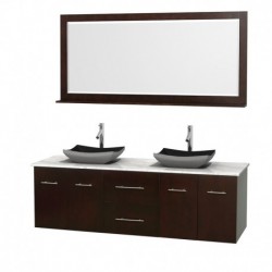 72 inch Double Bathroom Vanity in Espresso, White Carrera Marble Countertop, Altair Black Granite Sinks, and 70 inch Mirror