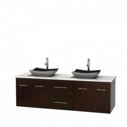 72 inch Double Bathroom Vanity in Espresso, White Carrera Marble Countertop, Altair Black Granite Sinks, and No Mirror