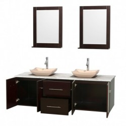 72 inch Double Bathroom Vanity in Espresso, White Carrera Marble Countertop, Avalon Ivory Marble Sinks, and 24 inch Mirrors
