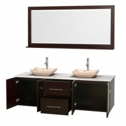 72 inch Double Bathroom Vanity in Espresso, White Carrera Marble Countertop, Avalon Ivory Marble Sinks, and 70 inch Mirror