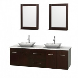 72 inch Double Bathroom Vanity in Espresso, White Carrera Marble Countertop, Avalon White Carrera Marble Sinks, and 24 inch Mir