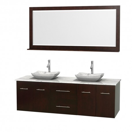 72 inch Double Bathroom Vanity in Espresso, White Carrera Marble Countertop, Avalon White Carrera Marble Sinks, and 70 inch Mir