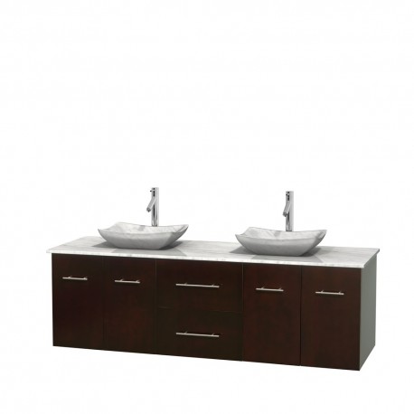 72 inch Double Bathroom Vanity in Espresso, White Carrera Marble Countertop, Avalon White Carrera Marble Sinks, and No Mirror