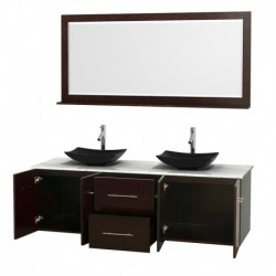 72 inch Double Bathroom Vanity in Espresso, White Carrera Marble Countertop, Arista Black Granite Sinks, and 70 inch Mirror