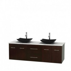 72 inch Double Bathroom Vanity in Espresso, White Carrera Marble Countertop, Arista Black Granite Sinks, and No Mirror